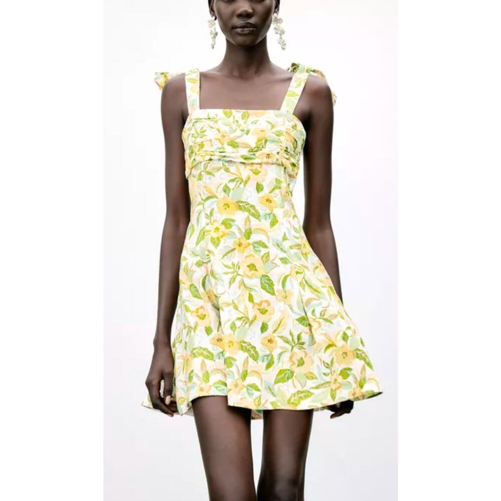 Womens Zara Dress XL Linen Blend Floral Ruched Bowtie Strap Mini Green Yellow